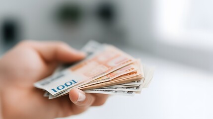 Close-up of euro bills being counted by a person, blurred background for depth