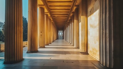 Obraz premium The entrance of the Parthenon, a view from inside looking out at columns with light and shadow on them
