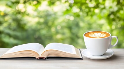 A single cup of coffee on a table with an open book and a peaceful background