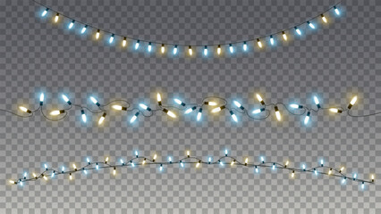 Christmas greetings decoration lights vector design in transparent background. Festive bright lights of bulbs. Christmas light garland isolated on transparent background with glitter.
