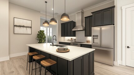 Fototapeta premium Modern kitchen with dark cabinetry, island, and stainless steel appliances.