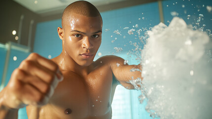 muscular man demonstrating strength and focus while breaking ice in dynamic setting. scene captures intensity and determination of moment