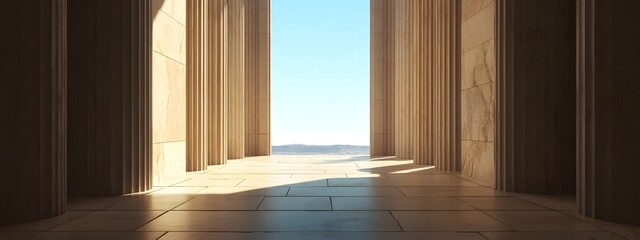 The entrance of the Parthenon, a view from inside looking out at columns with light and shadow on them