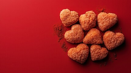 Heart-shaped fried chicken pieces arranged on a vibrant red background with scattered seasoning.