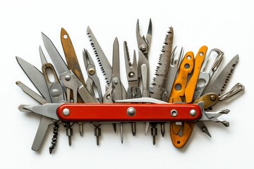 Multi-tool, many blades, red handle, various implements.