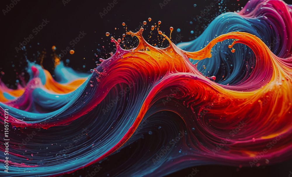 Poster vibrant and dynamic wave with splashes of blue and red colors. the splashes are scattered throughout