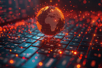 a laptop or computer keyboard on which a virtual globe is located, glowing with bright red lights 
