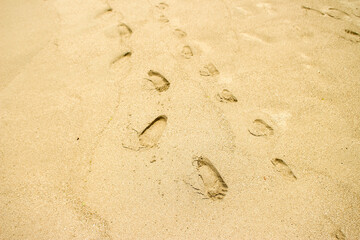 white beach sand texture background, footprints in the sand