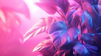 Fototapeta premium Vibrant foliage with a soft pink and blue glow, creating a serene atmosphere.