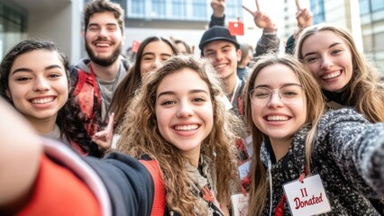 Diverse group of young volunteers taking a selfie after a successful charity event