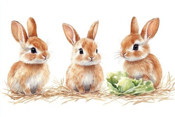 Fototapeta premium Three cute rabbits sitting on straw with a piece of lettuce.