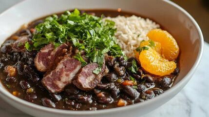 Authentic Brazilian Feijoada with Black Beans, Cured Meats, Orange Segments and Crispy Farofa, Traditional South American Comfort Food Photography