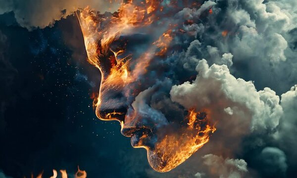 Fire and clouds converge in an ethereal scene, depicting a face formed by flames, encapsulating the duality of destruction and creativity.