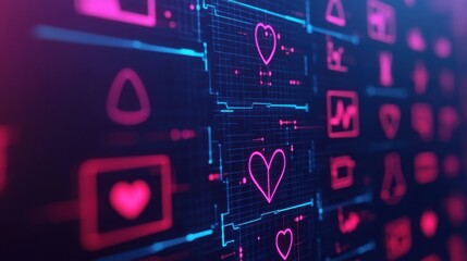 Obraz premium health insurance services concept Digital interface with vibrant heart icons and geometric shapes.