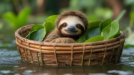 Fototapeta premium A sloth resting in a basket surrounded by leaves.