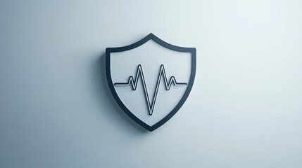 health insurance services concept Shield icon with heartbeat line on a light background.
