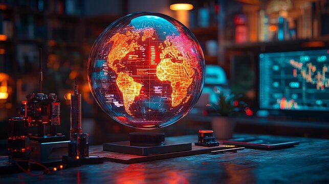 Holographic Screen Displaying Multilingual Messages Connected to Glowing Globe Representing Global Communication Technology