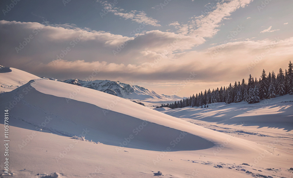 Poster snowy mountain range with a snow covered hill. the sky is cloudy and the sun is setting