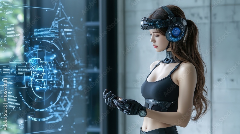 Leinwandbilder innovative female tech developer engaging with advanced ai interface in modern workspace for startup