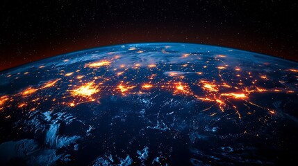 Glowing Satellite Network Enveloping the Illuminated Earth Connecting the World Through Digital Communication