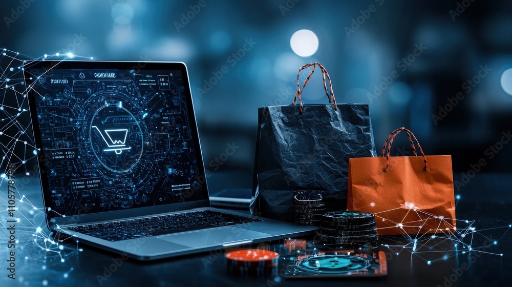 Poster digital shopping experience online market infographic tech environment close-up view threats and sol
