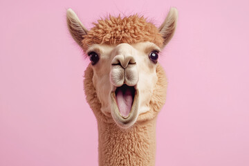 Obraz premium shocked alpaca with fluffy fur, plain light lavender background, A surprised alpaca with a playful expression against a vibrant pink background, perfect for showcasing humor and personality.