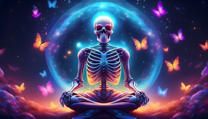 Skeletal figure meditating with butterflies under a cosmic aura in a vibrant, surreal setting