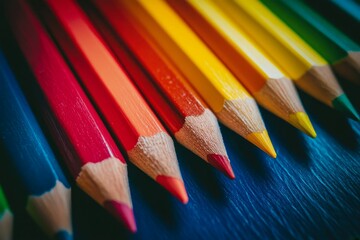 Colorful pencils arranged on dark blue surface.
