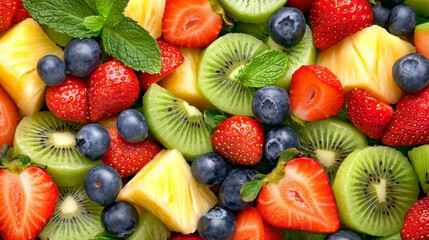 Obraz premium Fresh fruit salad with strawberries, blueberries, kiwi, pineapple, and mint. colorful and vibrant mix of healthy fruits perfect for refreshing snack or dessert