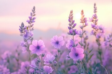 Naklejka premium Malva Flowers. Mauve Beauty in Summer Field with Grass
