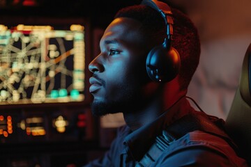 Man, African American Air Dispatcher Professional, Monitoring Navigation Room with Microphone