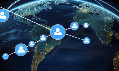 Digital representation illustrates global connectivity with lines linking various countries, highlighting cultural interactions in real-time