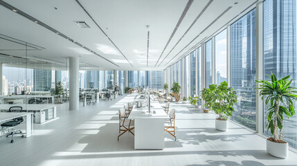 Bright and modern office space showcasing a view of the city skyline during the day