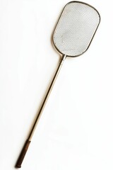 Long-handled metal mesh skimmer on white.
