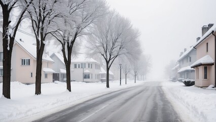 
Snowy street with foggy view of houses and trees in winter atmosphere creating peaceful scene
