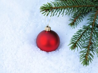 Red ornament nestled in fresh snow beside evergreen branches during winter holiday season