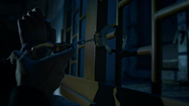 Low-key closeup of hands of unrecognizable criminal or kidnapper holding hostage in dark basement and handcuffing hands of captive to window grate, violence and torturing