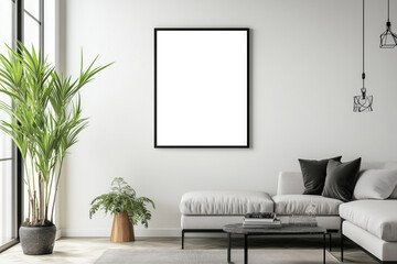Modern Living Room Mockup: A minimalist living room with a gray sofa, a coffee table, and a large black framed picture. The picture is a blank canvas for your design or art.