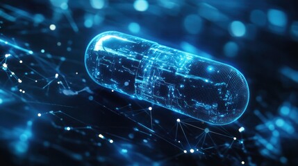Futuristic glowing capsule on digital network.
