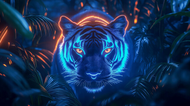 Explore the captivating presence of a neon lit tiger prowling through a vibrant jungle, surrounded by lush foliage and glowing colors that evoke a sense of wonder.