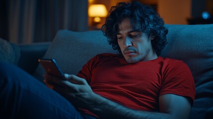 Obraz premium Young hispanic male relaxing on couch using smartphone at home in evening.
