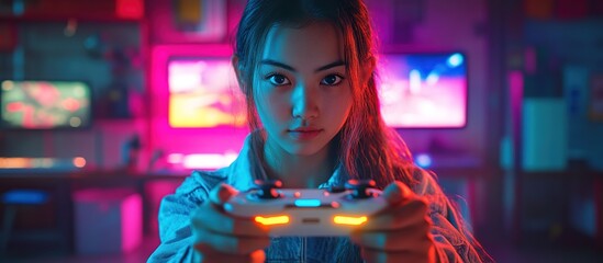 Obraz premium A focused gamer holding a controller in a vibrant, neon-lit gaming environment.