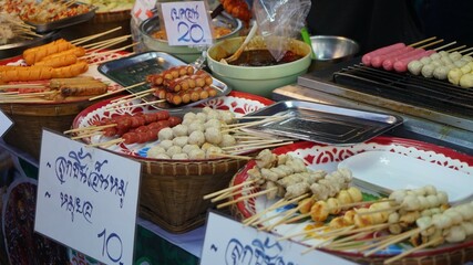 Various grilled skewers sold at Thai market