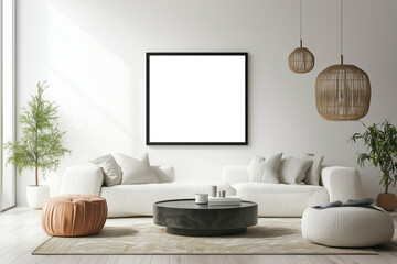 Modern Minimalist Living Room Mockup:  This image features a sleek and modern living room with a large, square frame, ready to showcase your artwork or design.