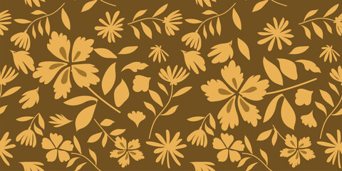 Abstract shape leaf and flower organic seamless pattern. brown floral leaves geometric pattern on brown background. leaves silhouette summer pattern modern vector style.
