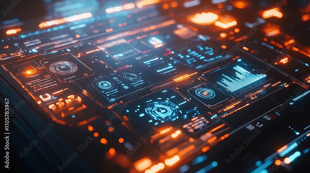 Poster Futuristic digital interface with glowing HUD elements displaying data and graphs.