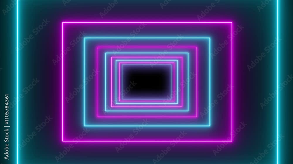 Wall mural neon line rectangle tunnel background. abstract futuristic neon tunnel square line animation on a bl