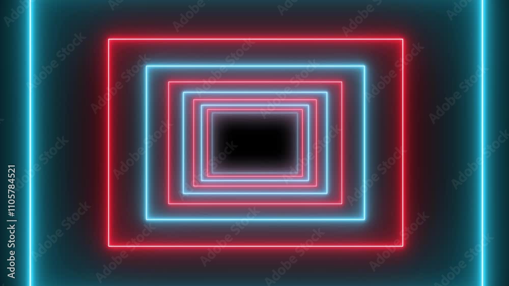 Wall mural neon line rectangle tunnel background. abstract futuristic neon tunnel square line animation on a bl