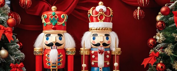 Vibrant nutcracker figurines stand elegantly against a festive red backdrop adorned with Christmas ornaments