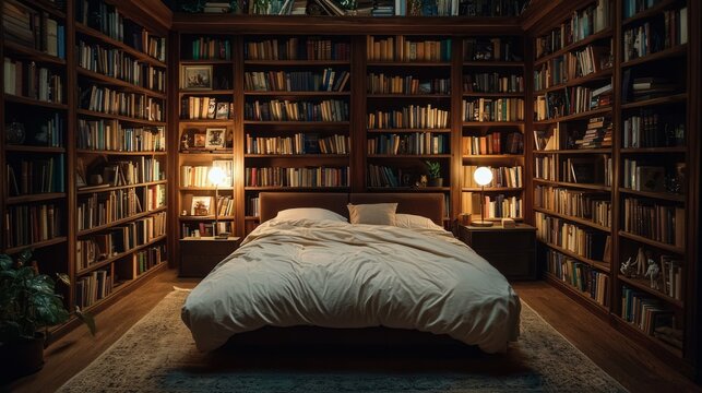Librarythemed bedroom with bookshelves cozy bed vintage lamp